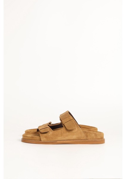 Kadın Süet Çift Bantlı Kahverengi Terlik 156-17 fiyatları