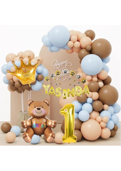 Yaşında Gold Folyolu Mavi ve Kahverengi Balonlu Zincirli Doğum Günü Seti