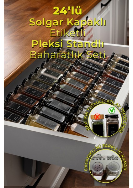 24'lü Şeffaf Pleksi Standlı Cam Baharatlık Seti Kapaklı Etiketli Baharatlık Takımı MH02SYH24