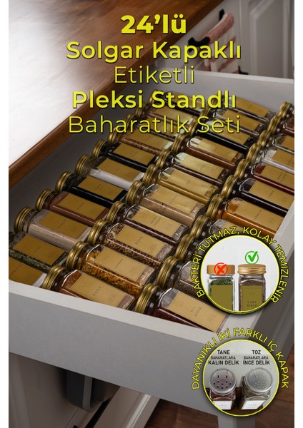 24'lü Şeffaf Pleksi Standlı Cam Baharatlık Seti Gold Kapaklı Etiketli Baharatlık Takımı MH02GLD24