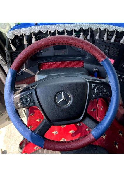 Dikişli Direksiyon Kılıfı Bordo Deri Mavi Deri Siyah Dikişli Mercedes Tır Kamyon Için