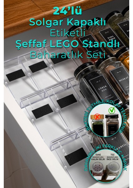 24'lü Şeffaf Kristal Plexi Standlı Cam Baharatlık Seti Kapaklı Etiketli Baharatlık Takım MH03SYH24