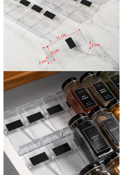 24'lü Şeffaf Kristal Plexi Standlı Cam Baharatlık Seti Kapaklı Etiketli Baharatlık Takım MH03SYH24