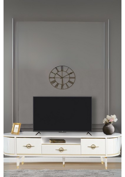 Duru TV Sehpası Beyaz Gold 2 Kapaklı 1 Çekmeceli Oval Detaylı Sehpa 180x40x53 Cm