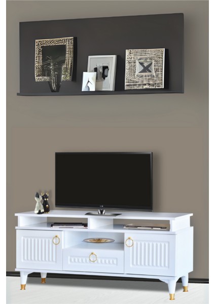 Pera Tv Sehpası 2 Kapaklı Raflı Üst Panel Beyaz Gold Detaylı 130x59x36 Cm