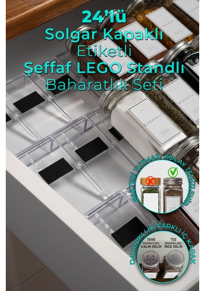 24'lü Şeffaf Kristal Plexi Standlı Cam Baharatlık Seti Kapaklı Etiketli Baharatlık Takım