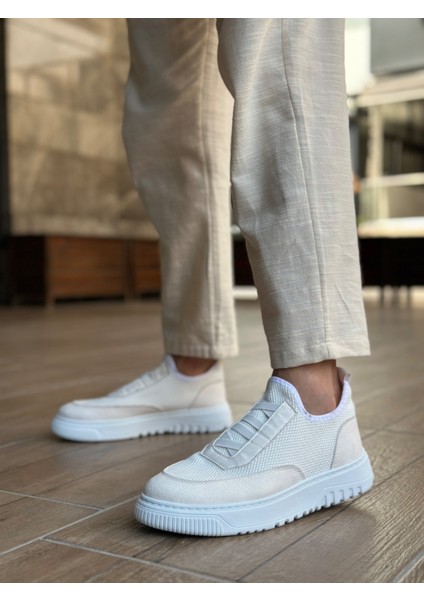 Bağcıksız Lastik Detaylı Triko Erkek Hi Sneaker Beyaz (Beyaz Taban)