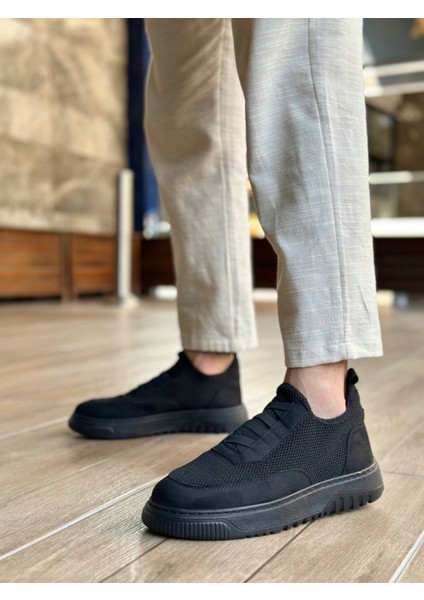 Bağcıksız Lastik Detaylı Triko Erkek Hi Sneaker Siyah (Siyah Taban)