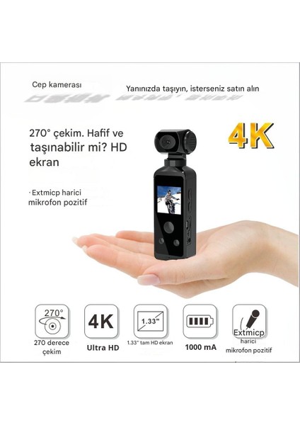 4K Ultra Hd Eylem Kamerası 270 Derece Dönebilir Vlog Spor Wifi Mini Su Geçirmez Kılıflı Kamera