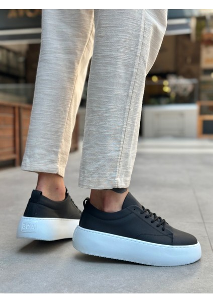 Bağcıklı Yüksek Taban Erkek Spor Ayakkabı Siyah (Beyaz Taban) fiyatları