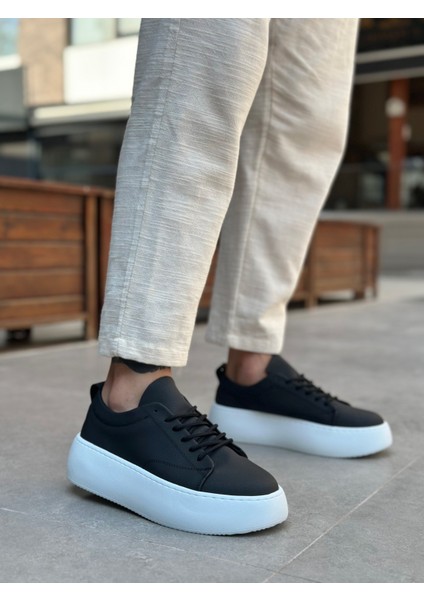 Bağcıklı Yüksek Taban Erkek Spor Ayakkabı Siyah (Beyaz Taban) modelleri