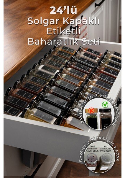 24'lü Cam Baharatlık Seti Kapaklı Etiketli Baharatlık Takımı Mh00syh24
