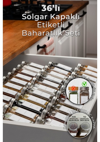 36'lı Cam Baharatlık Seti Kapaklı Etiketli Baharatlık Takımı MH00SLVR36