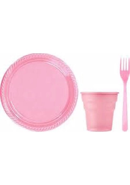 Pembe Renk Plastik Tabak, Bardak, Çatal Seti, Parti ve Piknik Için Çok Renkli Set