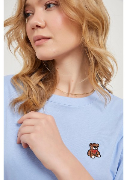Kadın Bisiklet Yaka Rahat Kalıp Ayıcık Nakışlı % 100 Pamuk T-Shirt fırsatları