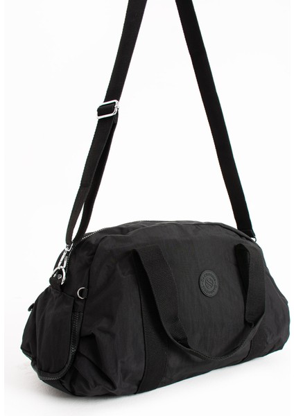 Unısex Büyük Boy Siyah Renk Krinkıl Kumaş Ayakkabı Bölümlü Çapraz Askılı Laptop Bölmeli Spor ve Seyahat Çantası fiyatları