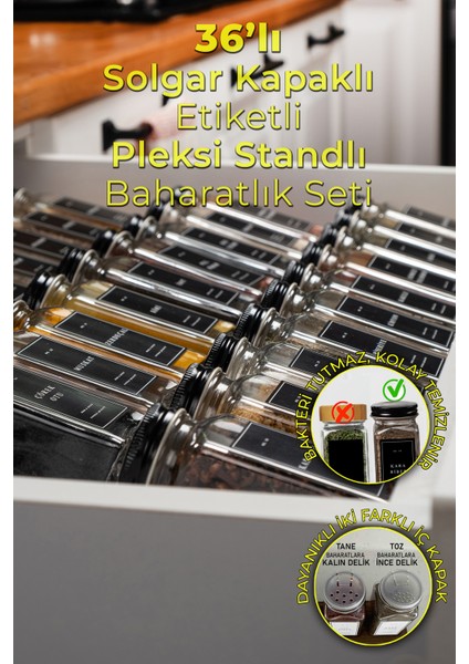 36'lı Şeffaf Pleksi Standlı Cam Baharatlık Seti Kapaklı Etiketli Baharatlık Takımı MH02SYH36