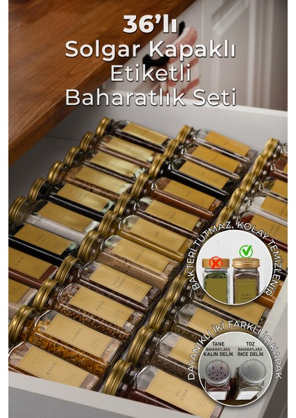36'lı Cam Baharatlık Seti Gold Kapaklı Etiketli Baharatlık Takımı