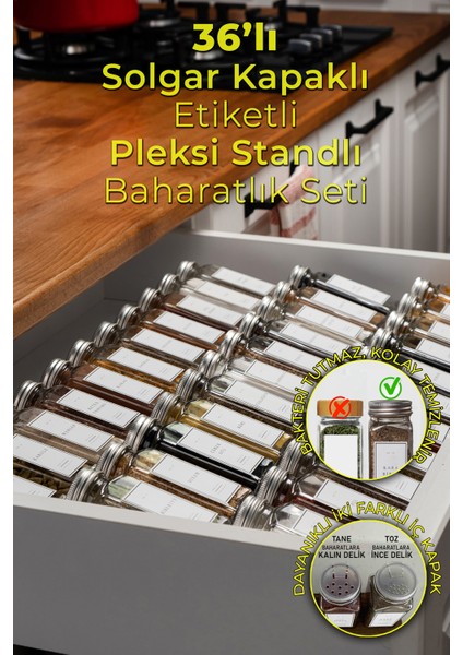 36'lı Şeffaf Pleksi Standlı Cam Baharatlık Seti Kapaklı Etiketli Baharatlık Takımı MH02SLVR36