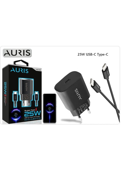 Auris 25 Watt Type-C To Type-C Pd Şarj Aleti Seti Başlık USB C Başlık + 1 Mt. Type C Kablolu