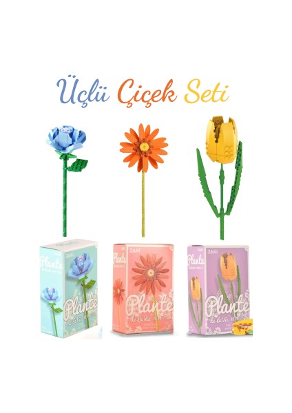 3 Lü Set Dekoratif Gül Çiçek Buketi Yapım Seti Legosu 200 + Parça Full Set/ebedi Çiçek