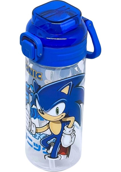500ML Sonic Temalı Silikon Pipetli Kulplu Su Şişesi Mavi