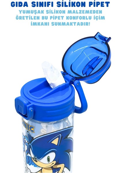 500ML Sonic Temalı Silikon Pipetli Kulplu Su Şişesi Mavi fırsatları