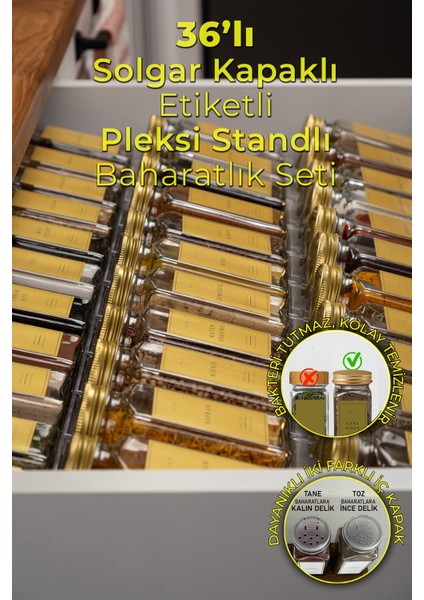 36'lı Şeffaf Pleksi Standlı Cam Baharatlık Seti Kapaklı Etiketli Baharatlık Takımı MH02GLD36