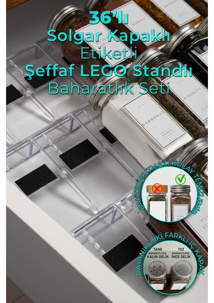 36'lı Şeffaf Kristal Plexi Standlı Cam Baharatlık Seti Kapaklı Etiketli Baharatlık Takım MH03SLVR36