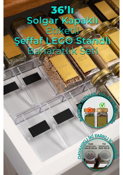 36'lı Şeffaf Lego Standlı Cam Baharatlık Seti Kapaklı Etiketli Baharatlık Takım MH03GLD36