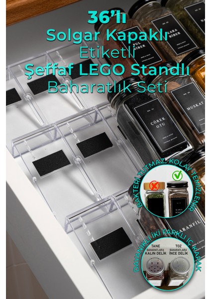 36'lı Şeffaf Lego Standlı Cam Baharatlık Seti Kapaklı Etiketli Baharatlık Takım MH03SYH36