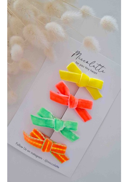 Neon Kadife Fiyonk El Yapımı Mini Klips 4lü Bebek Tokası Seti (3.5cm)