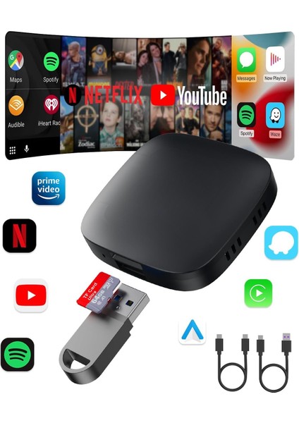 Wireless Carplay ve Android Auto Dönüştürücü | Netflix & Youtube Destekli 3 In 1 Aı Box Lite | Tf Kart & USB Girişli | Carplay Dongle Adaptör