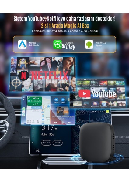 Wireless Carplay ve Android Auto Dönüştürücü | Netflix & Youtube Destekli 3 In 1 Aı Box Lite | Tf Kart & USB Girişli | Carplay Dongle Adaptör indirimleri