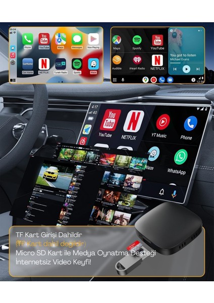 Wireless Carplay ve Android Auto Dönüştürücü | Netflix & Youtube Destekli 3 In 1 Aı Box Lite | Tf Kart & USB Girişli | Carplay Dongle Adaptör