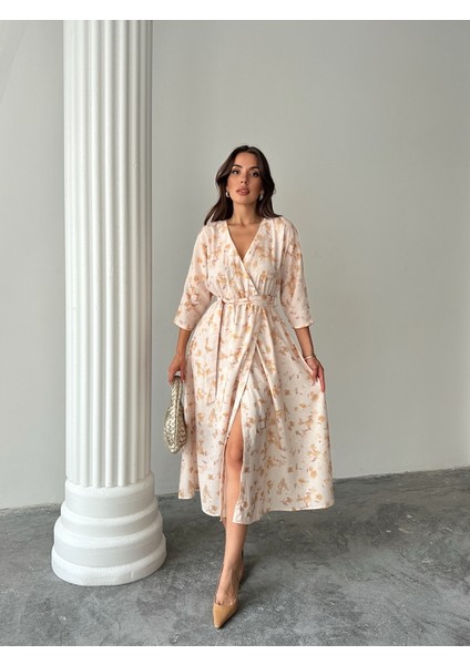 Kruvaze Yaka Çiçek Desenli Kuşaklı Elbise indirimleri