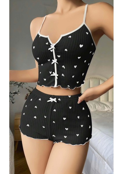 Kadın Siyah Kalp Desenli Askılı Şortlu Pijama Takım 6650