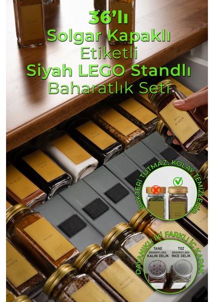 36'lı Siyah Kristal Plexi Standlı Cam Baharatlık Seti Kapaklı Etiketli Baharatlık Takımı MH04GLD36