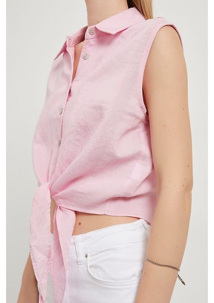 Önü Bağlamalı Çizgi Dokulu Kolsuz Vizkoz Kumaş Kadın Gömlek fiyatları