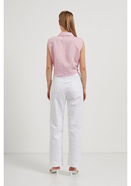 Önü Bağlamalı Çizgi Dokulu Kolsuz Vizkoz Kumaş Kadın Gömlek indirimleri