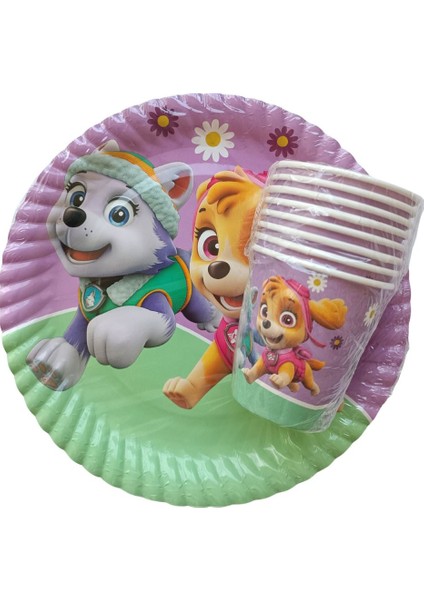 Paw Patrol Lady Temalı Doğum Günü 8 Tabak ve 8 Bardak Seti, Pembe Renkli fırsatları