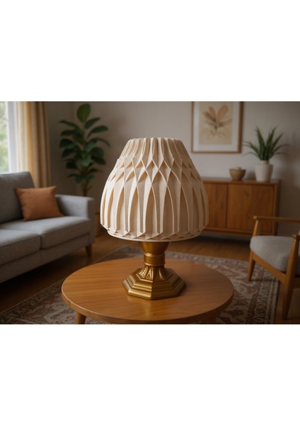 Suma El Yapımı Abajur – Gold Reçine Gövde, Ekru Geometrik Şapka | Modern Retro Tasarım modelleri