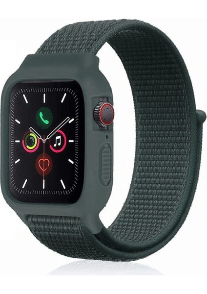 Apple Watch 42MM Hasırlı Cırtcırtlı Kasalı Kordon - Haki Yeşil