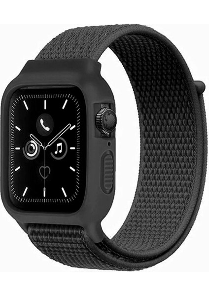 Apple Watch 42MM Hasırlı Cırtcırtlı Kasalı Kordon - Siyah