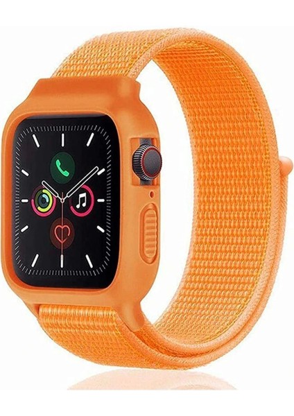 Apple Watch 42MM Hasırlı Cırtcırtlı Kasalı Kordon - Turuncu