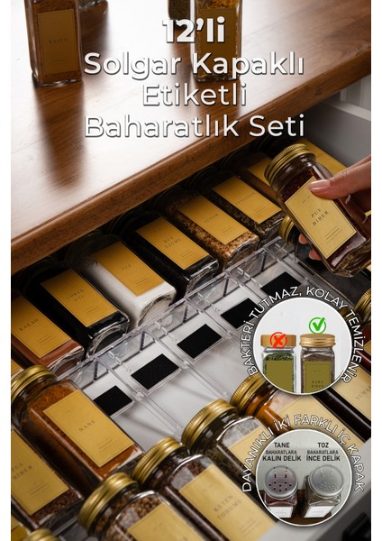 12'li Cam Baharatlık Seti Gold Kapaklı Etiketli Baharatlık Takımı MH00GLD12
