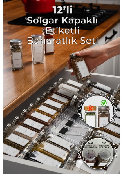 12'li Cam Baharatlık Seti Kapaklı Etiketli Baharatlık Takımı MH00SLVR12