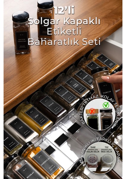 12'li Cam Baharatlık Seti Kapaklı Etiketli Baharatlık Takımı MH00SYH12