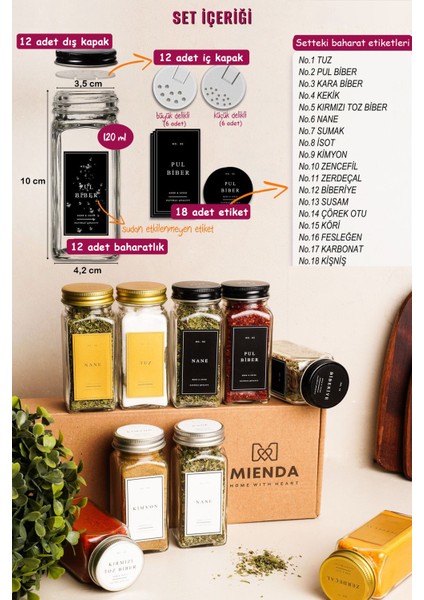 12'li Cam Baharatlık Seti Kapaklı Etiketli Baharatlık Takımı MH00SYH12