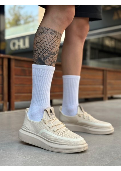 Bağcık Detaylı Triko Erkek Spor Ayakkabı Krem (Beyaz Taban) modelleri